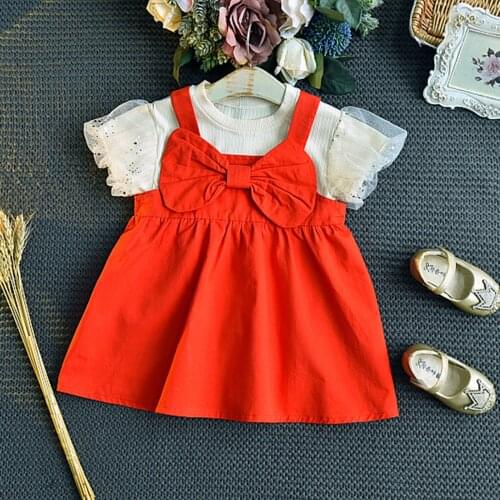 2 Pieces Kids Suit Set Girls Solid Color Round-Neck Short Bubble Sleeves Tops+ Bow-knot Suspender Skirt for Summer Orange