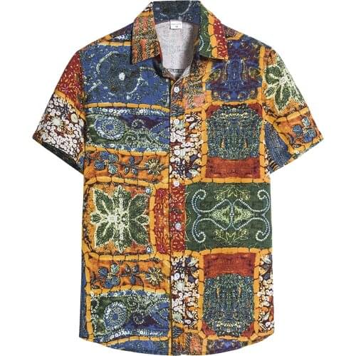 Handsome Ethnic Camisas Men Short Sleeve Shirt Hawaiian Beach Flower Shirt Men Turtleneck Cardigan Shirt Vintage Clothes Chemise