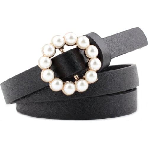 Fashion Pearl Decorative Belt Ladies Belt Round Pin Buckle Pearl Belts Womens Casual Solid PU Leather Thin Belt ceinture femme