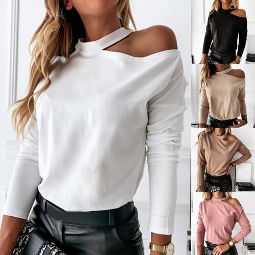 Solid Color Women Tshirt Sexy One Shoulder Top Women Long Sleeve Choker Halter Tshirt for Women Loose Casual Tshirts Ladies Top