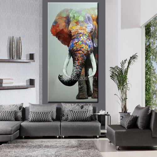 Hand painted large big elephant wall art abstract textured vertical animal oil paintings for corridor hall living room decor