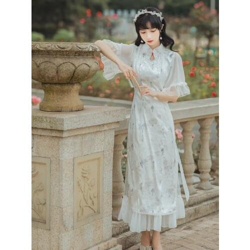 High Quality Flared Sleeve Chiffon Sweet Retro Dress Embroidery Chinese Style Ladies Fashion Dresses Robe Femme