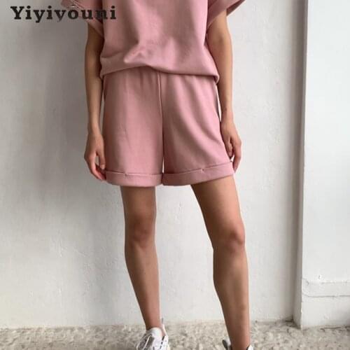 Yiyiyouni Summer High Waist Straight Shorts Women Casual Loose Knee Length Shorts Women Cotton Solid Wide Leg Shorts Harajuku