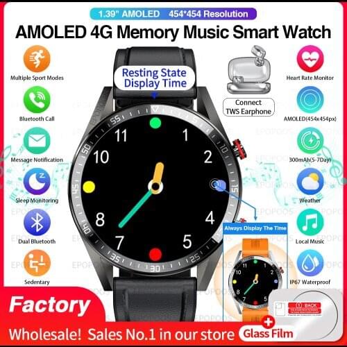 454*454 AMOLED screen smart watch Always display the time bluetooth call 4G local music smartwatch for men Android TWS earphones