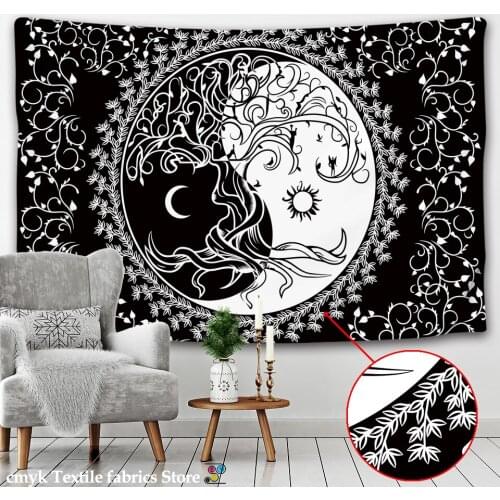 Sun Moon Tapestry Black White Starry Sky Wall Hanging Astrology Divination Matwitchcraft Hippie Mandalas Psychedelic Taiji Decor