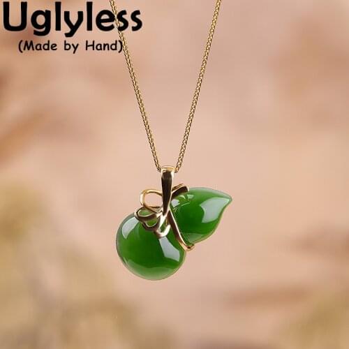 Uglyless Natural Spinach Green Jade Jasper Pendants for Women 18K Gold AU750 Gourd Necklaces NO Chain Gemstones Jewelry Vintage