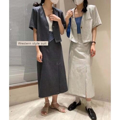 Vintage Womens Skirt Set Female Outfit Simple V-Neck Short Sleeve Blazer High Waist Side Split Skirt Two Piece Set Korean Style