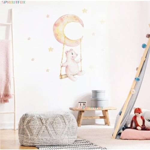 Swinging Bear and Moon Star Wall Stickers for Kid Rooms Bedroom Decoration DIY Lovely Animal Nursery Mural Stickers