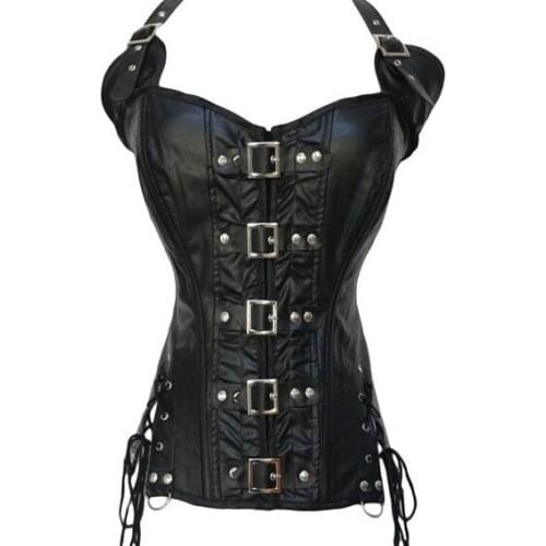 WYS.JL Black/Brown Slimming Body Shapewear Womens Punk Rock Faux Leather Buckle-up Halter Corset Plus Size S-2XL