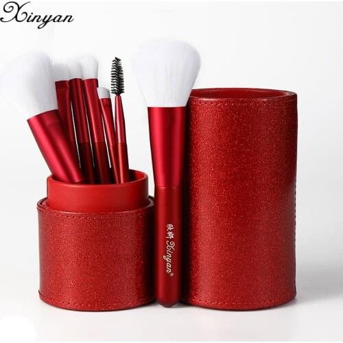XINYAN Red Makeup Brushes Set With Bag Eyebrow Foundation Blush Brush Powder Blending Eye Shadow Makeup Beauty Tool Kit 7pcs
