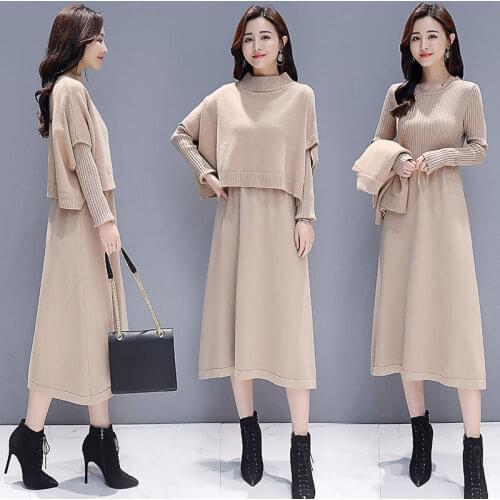 Woman Fashion Clothing Two Piece Outfits Female Autumn Winter 2021 Knitted Sweater Dress and Top Pullover Femme Veste Sets Q117