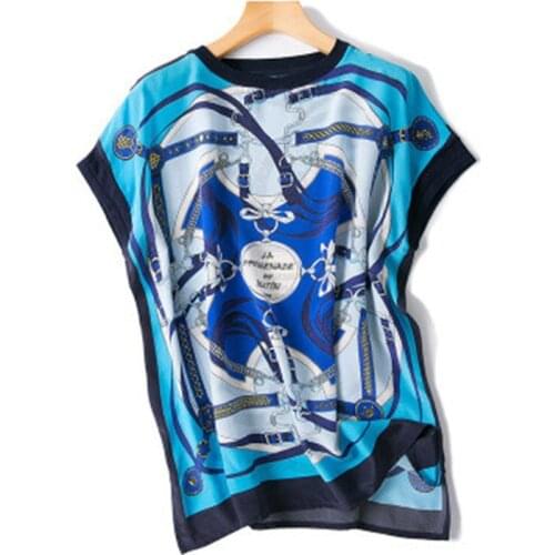 Women fashion printed loose open hem silk t-shirt short sleeve tees blue one&over size
