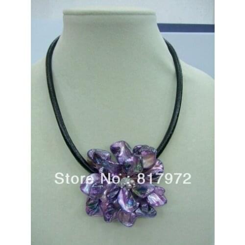 Woman party Charm Handmade shell slice Knit Purple Beautiful Flower Bib Pendant Chain Necklace Chunky Hide Rope Gift