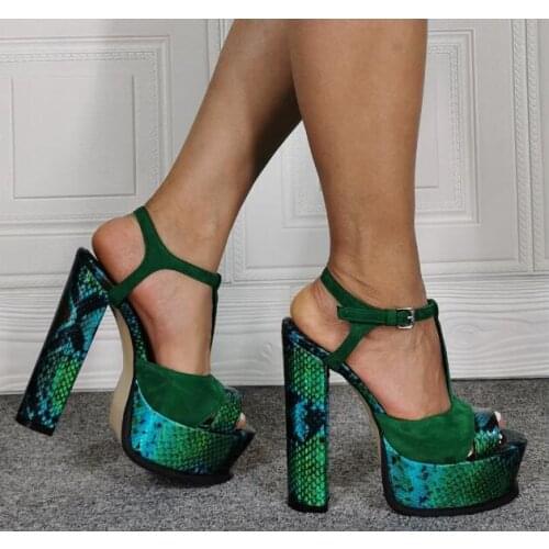 Women Sandals Green Python High Platform Brand Shoes Ladys Party Sexy Wedding Deep Toe Chunky High Heel Sandals T Strap Pumps