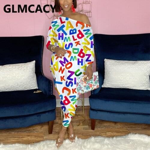 Women Two Piece Casual Alphabet Printed Suits Skew Neck Irregular Shirt Top & Slim Pants Set Party Outfits