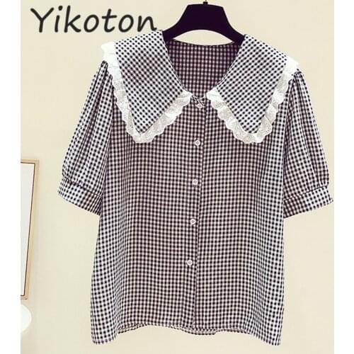 Women Doll Collar Plaid Chiffon Kawaii Blouses and Shirts Summer 2021 New Korean Fashion Soft Black Cute Tops Casual Ladies Chic