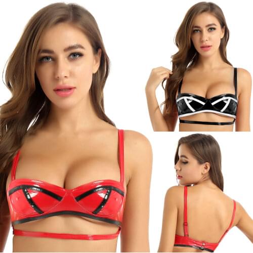 Women Latex Bra Half Cup Bra Pole Black Red Wet Look Patent Leather Bra Top Clubwear Sexy Lingerie Cut Out Pole Dance Crop Top
