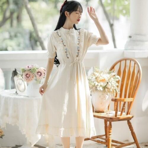 Women Sweet Vintage Flower Embroidery Dresses 2021 Summer Bow Tie Ruffles Gentle Literary Small Fresh Midi Dress