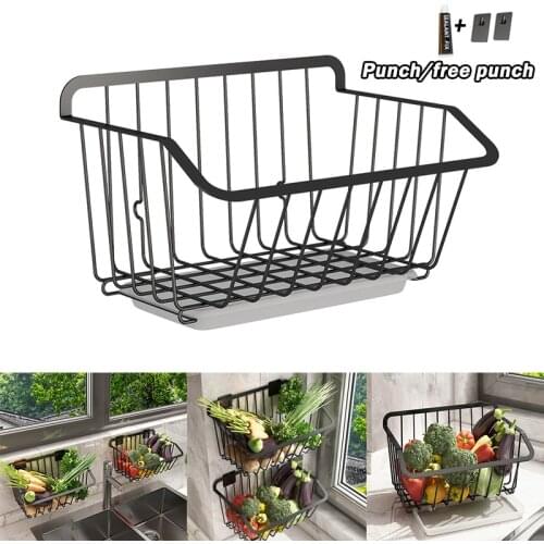 1Pc Kitchen Hanging Storage Basket Stainless Steel Wall-mounted Sink Fruit Vegetable Draining Rack