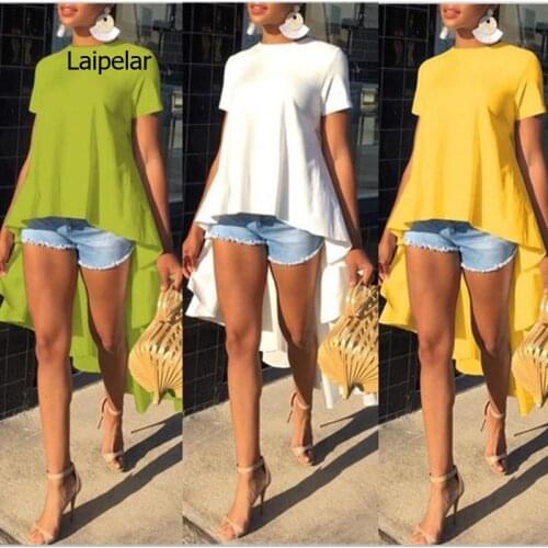 2021 New Womens Shirt Casual Loose Short Sleeve Tunic Top Long Tail T-Shirt Tees Femme Plus Size Fashion
