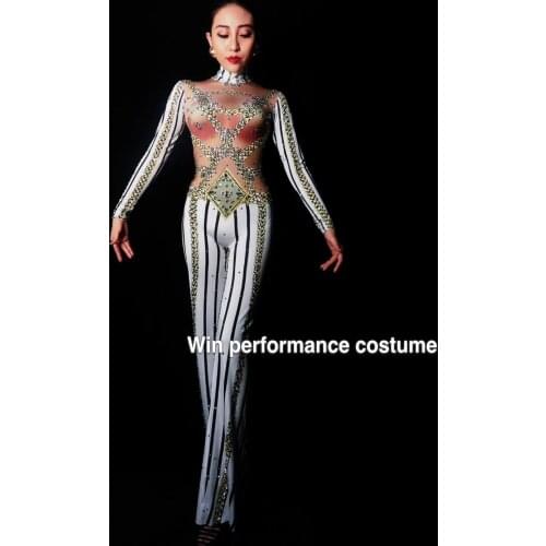 AB Rhinestones Sparkly Jumpsuit Fashion Sexy Nude Big Stretch Dance Costume One-piece Bodysuit Birthday Outfit Party