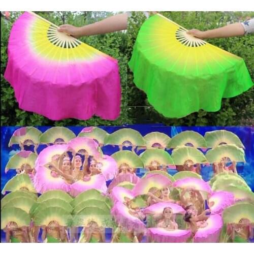 36cm-54cm Kids Women Jasmine Dance Belly Dancing Silk Fan Veils Real Silk Two Sides Different Color Green Rose