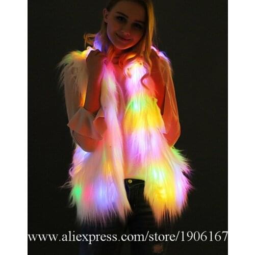 Colorful Hooded Fur Vest Led Luminous Night Club Dance Performance Glowing Clothes Led Music Festival Clothing