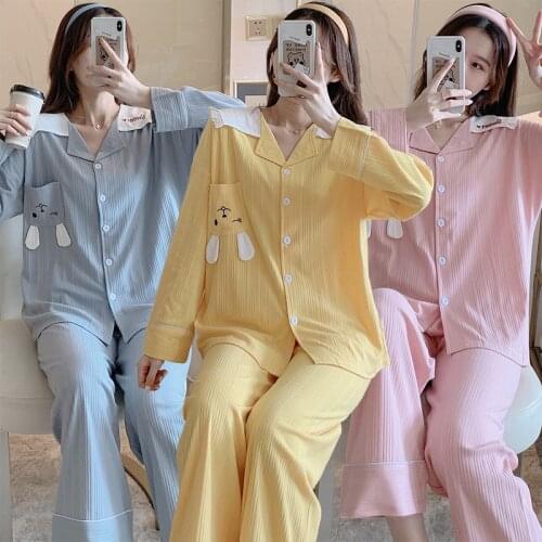 2021 New Autumn Cotton Long Sleeve Pajama Sets for Women Korean Cute Cartoon Sleepwear Suit Pyjama Homewear Pijama Mujer Clothes