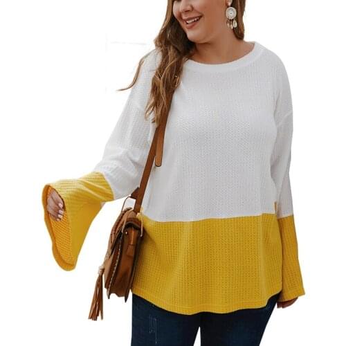 Autumn and winter womens large size T-shirt 4XL 5XL 6XL 7XL 8XL small trumpet sleeve round neck stitching T-shirt bust 145CM