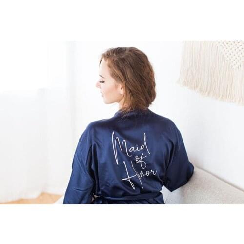 Navy satin lace hen night robe Nightwear custom flower girl bride to be Bathrobe birthday gift maid of honor get ready nightgown