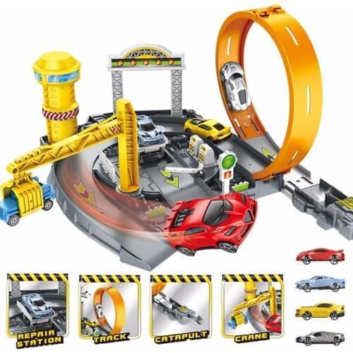 Rotating Bounce Car DIY Tracks Parking Lot For Children Assembly Engineering Vehicle Toys Kids Boys Educational Gifts