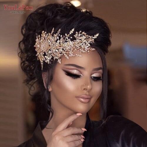 YouLaPan HP377 Gold Hair Accessories for Weddings Alloy Leaves Wedding Crown Tiara Crystal Set Wedding Accessories Crown Set