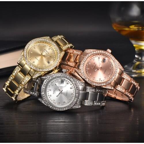 XINEW 2018 Luxury Gold Watches Women Steel Date Wristwatch Lady Dress Relojes Rhinestone Quartz Watches Montres Marque de Luxe