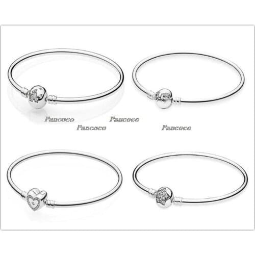 925 Sterling Silver Bangle Crystal Wishful Heart Moments Snake Chain Bracelet Fit Women Bead Charm Fashion Jewelry