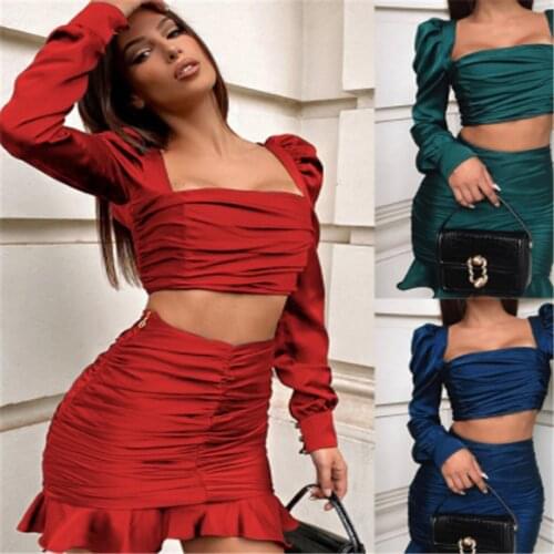 2021 Fashion Elegant Solid Skirt Set Ruched Summer 2 Pieces Clothes Set Female Tracksuit Outfits