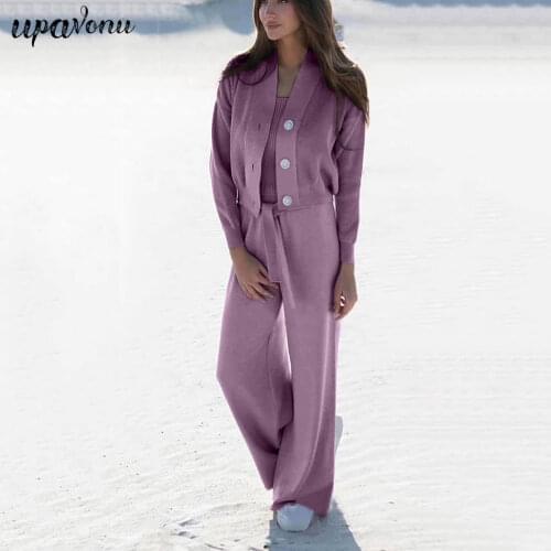 2020 Autumn Womens Casual Knit Set Casual Button Cardigan Knit Jacket + High Waist Flared Pants Womens Purple Two-piece Set