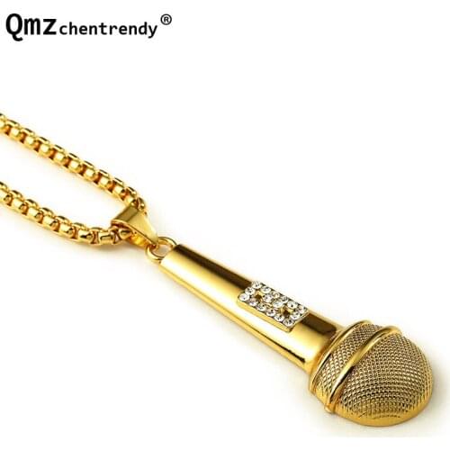 Hip Hop Bling Crystal Dance DJ Microphone Pendant Chain Necklace for Women Men hiphop Crystal Jewelry Accessories Necklaces