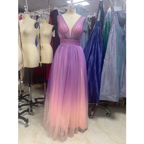 Purple blush mix color tulle Long Evening Dress 2021 sexy sleeveless V-neck Sewing beads dress Mocini Tailor