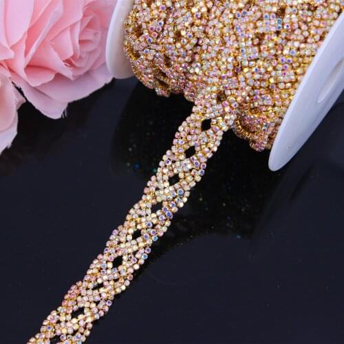Gold AB Bling 1yards/lot rhinestone dance crystal chain Sewing Metal Trim Crystal Applique Strass Ribbon Banding for Crafts