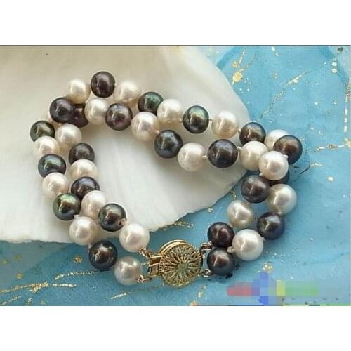 Free shipping 2ROW 8" 9MM WHITE BLACK ROUND FRESHWATER PEARL BRACELET @^Noble style Natural