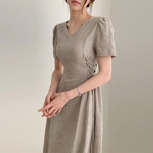 French Vintage Cotton Linen V-Neck Short Sleeve WomenS Dresses 2021 Summer Elegant Office Ladies Dress Casual Dress Midi Dress