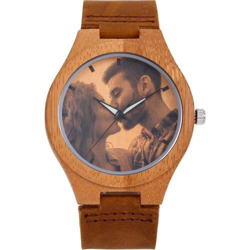 Women Men Wooden Wrist Watch DIY Custom Photos Picture Leather Band Wrist Watches UV Printing Laser Engrave Letters Timepiece