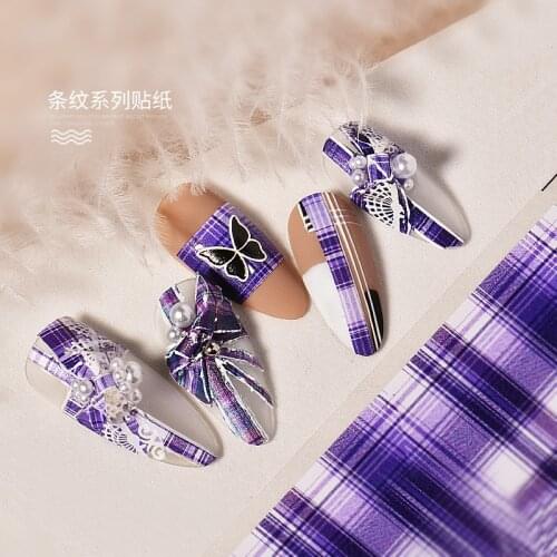 Purple Strip Bowknot Nails Accesorios Foil Nail Art Jappanese Style Strip Nail Sticker Colorful Grid Stickers For Manicure Nails