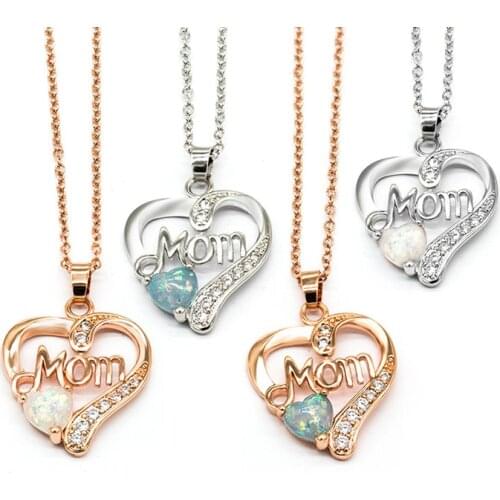 Huitan Letter "MOM" Heart-Shaped Mosaic Artificial Opal Pendant Necklace Mothers day&Birthday Gift High Quality Ladies Jewelry