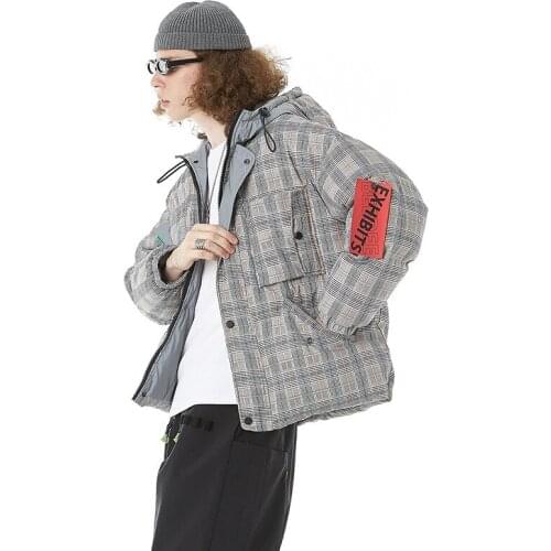 New Mens Jacket Cotton Original Plaid Clothing Mens Tide Brand Stitching Hooded Cotton Clothing Mens Young Coat