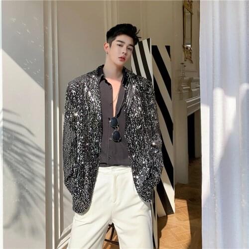 Fashion Silver Black Shining Sequins Suit Blazers Jacket Evening Party Stage Performance Mens Suit Coat Singer Stage Clothing