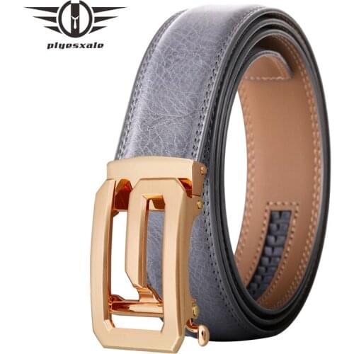Plyesxale Fashion Luxury Gray Mens Belts Genuine Leather Gold Silver Automatic Buckle Casual Black Trouser Strap Belt B672