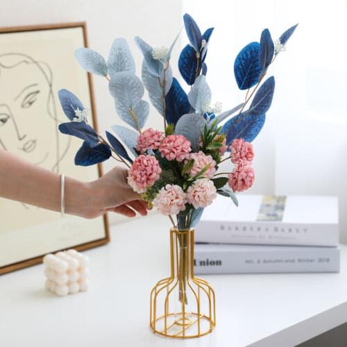 2021 New Artificial Hydrangea Eucalyptus Bouquet Gold Vase Home Decoration Furnishings Decorative Floral Ornaments living room