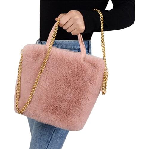 Plush Crossbody Bags Purse Fashion Shoulder Bag Travel Satchel with Chain Strap and PU Leather Handle for Women Girls