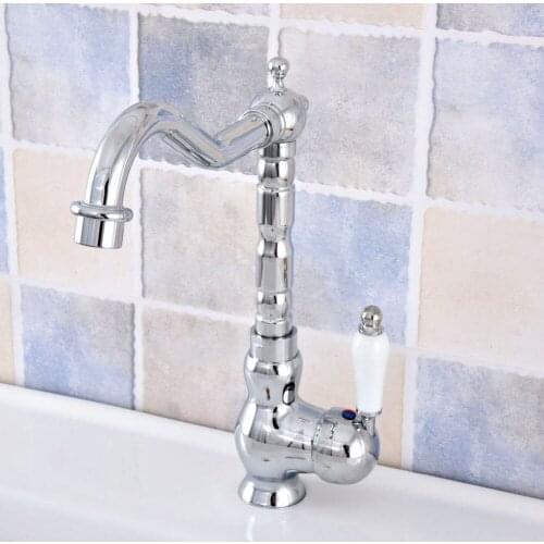 Polished Chrome Brass Bathroom Kitchen Basin Sink Faucet Mixer Tap Swivel Spout Single Handle One Hole Deck Mounted msf649